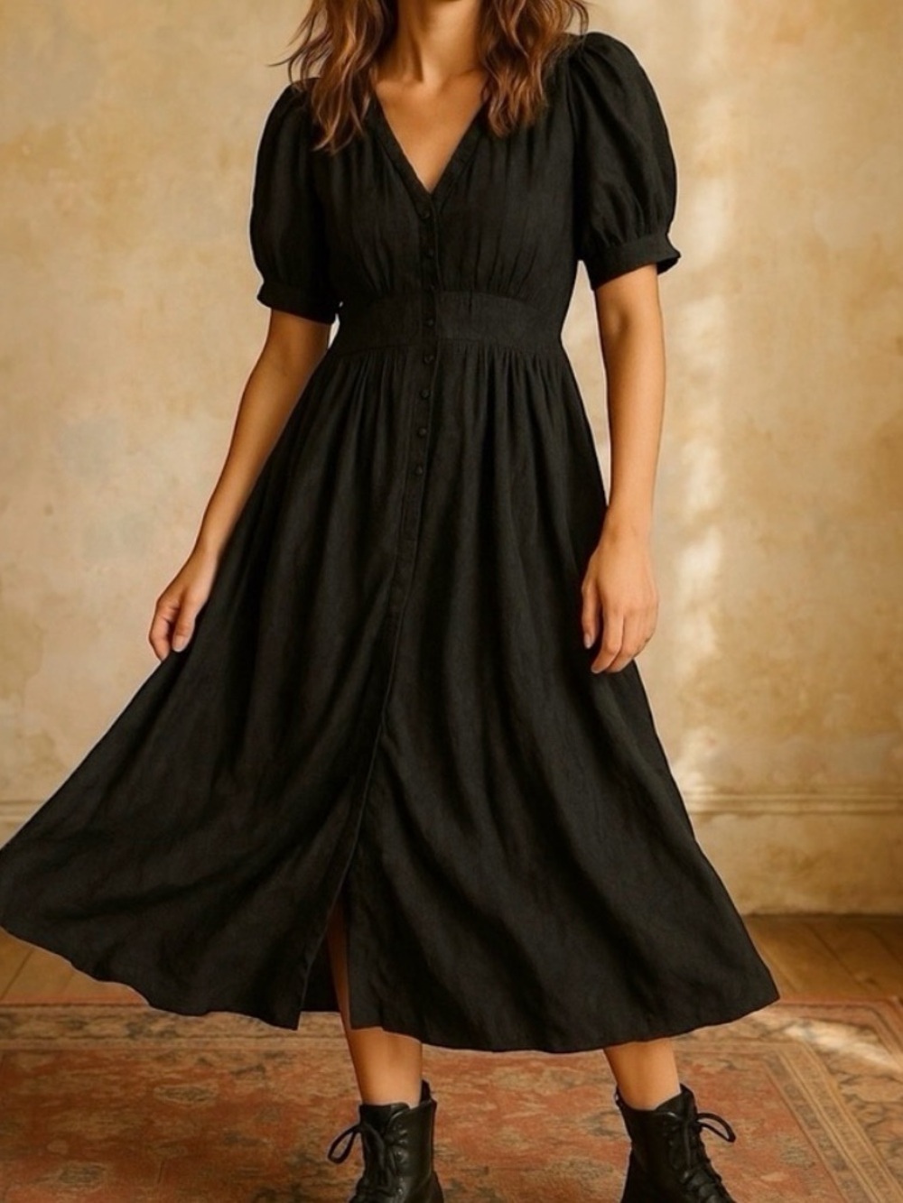The GREAT. Alder Dress Black Puff Sleeve Jacquard 2/M